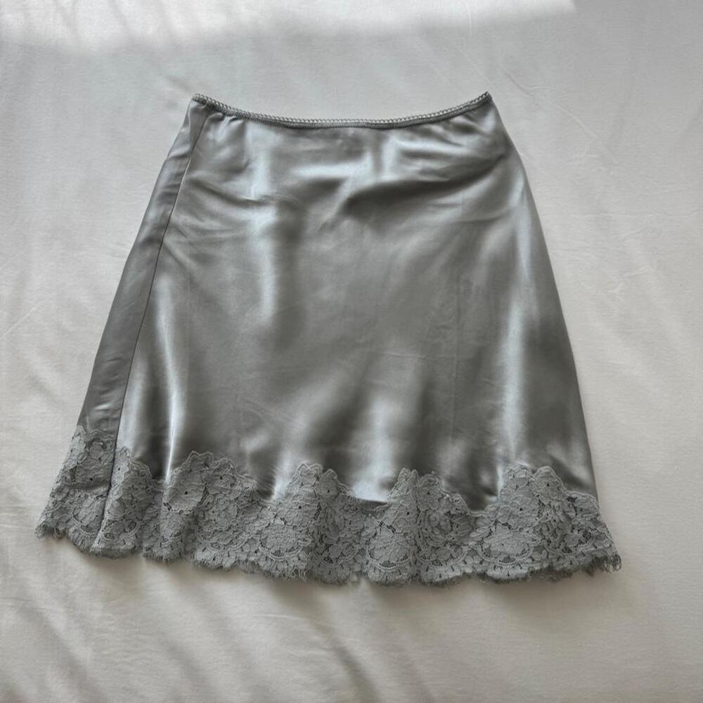 Grayblue real silk midi skirt with lace trim